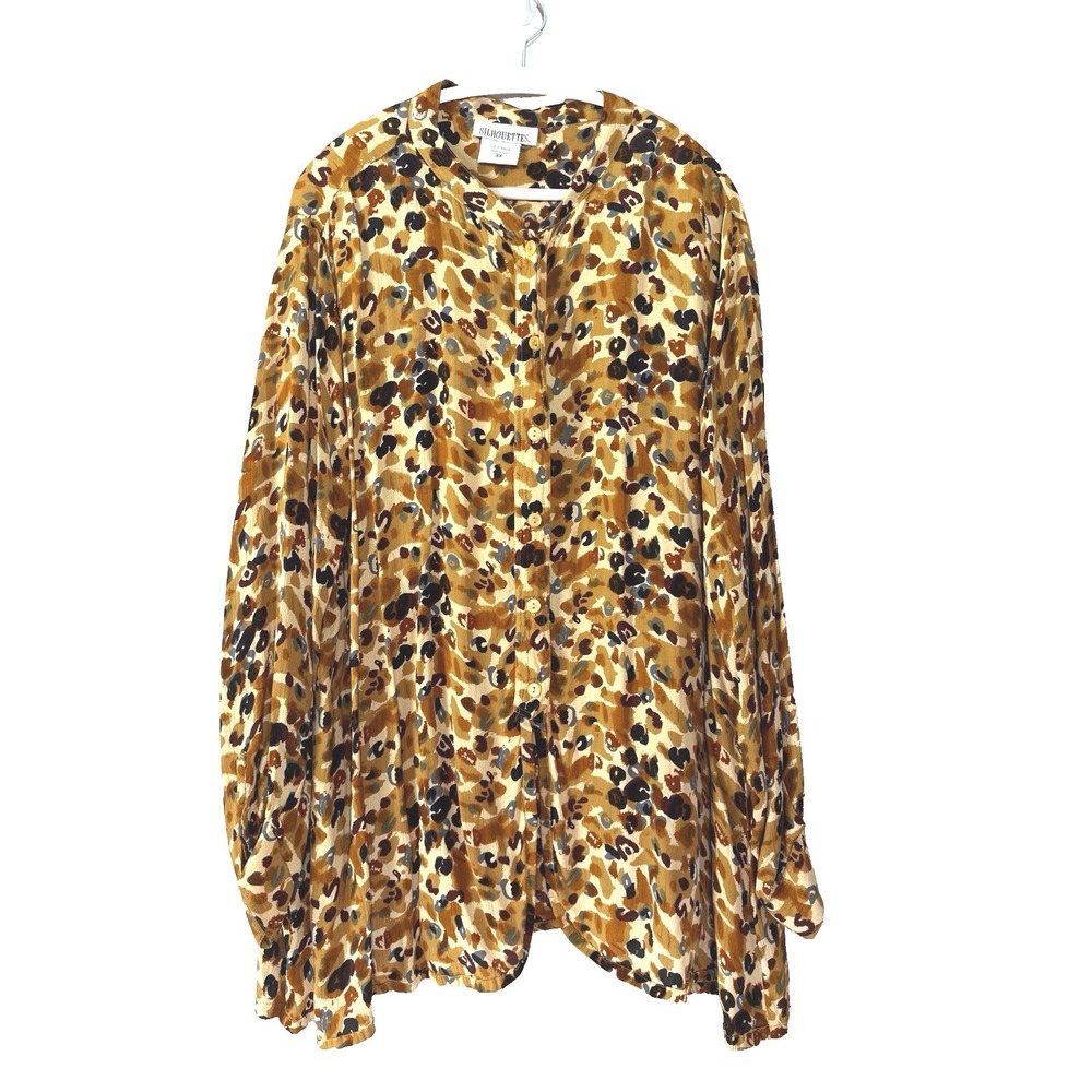 Silhouettes Leopard Print Casual Button Down Top 3X Colorful Yellow Brown Golden